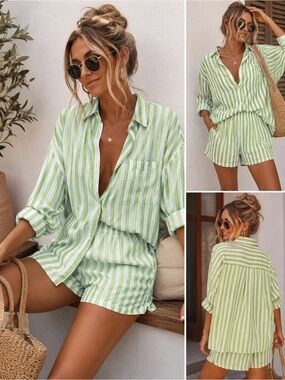 Old Navy Matching Set L Green White Stripe Linen Blend Shirt Shorts Resort